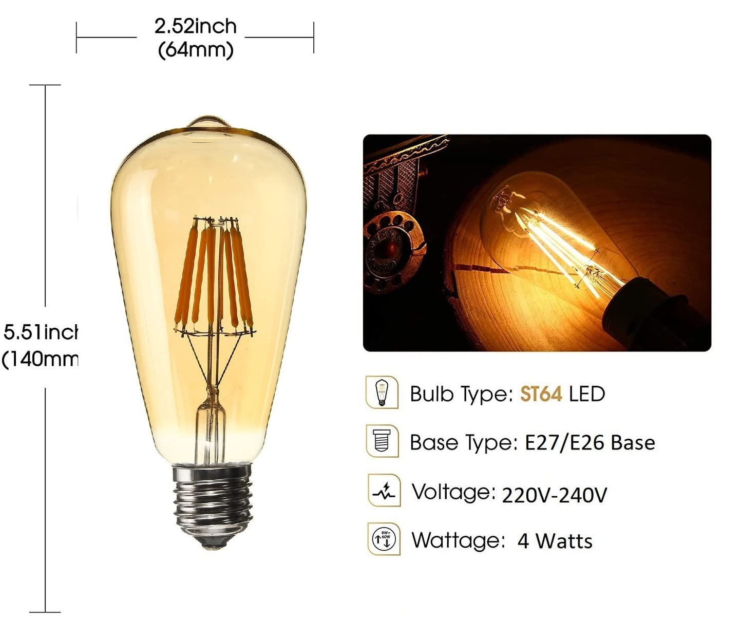DAJUBHAI® - 4 Watt Led Filament Bulb ST64 E27 Base (Warm White)