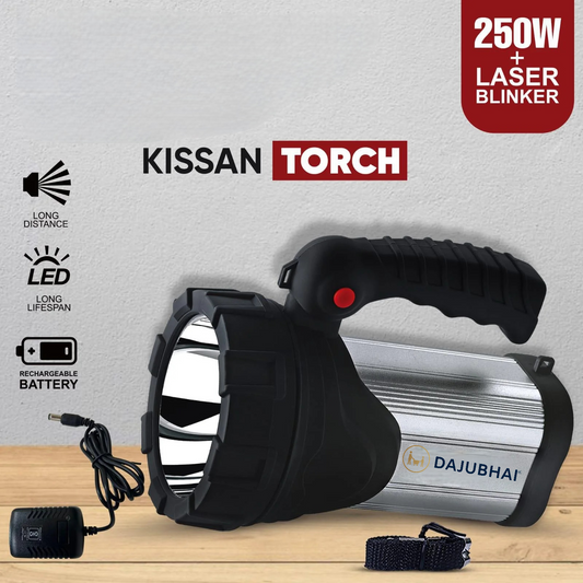 DAJUBHAI® - Metal 100w Rechargeable Waterproof Bright Led Torch Light Laser Long Range Distance High Power Search Light Kisan Rechargeable Emergency Lights(Multi-Color)